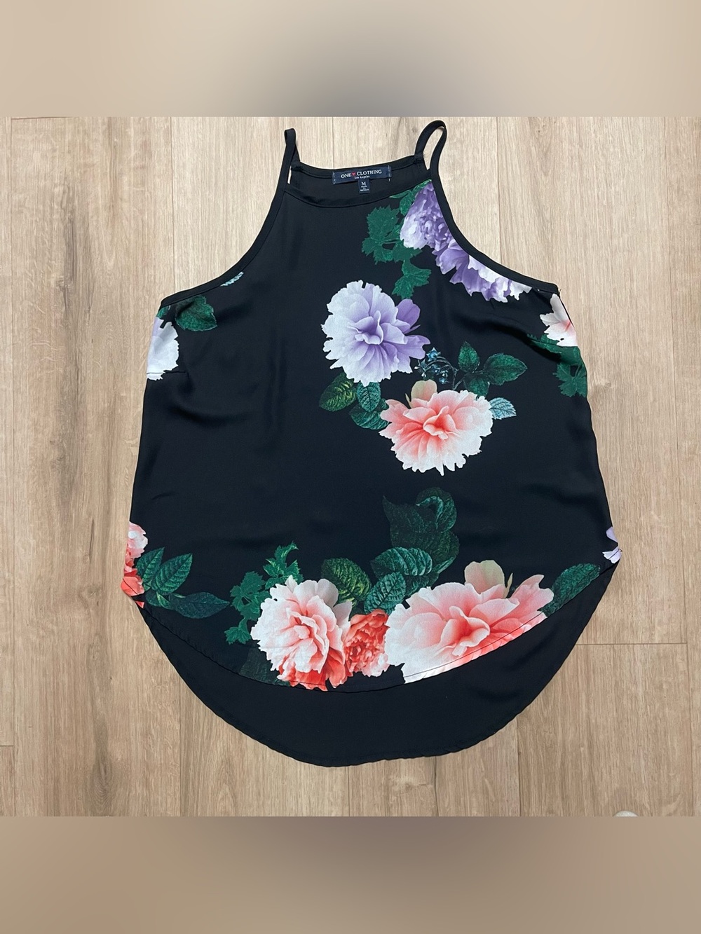 Women’s Med- One❤️Clothing Black Floral Halter Cami with Pink & Lavender Blooms